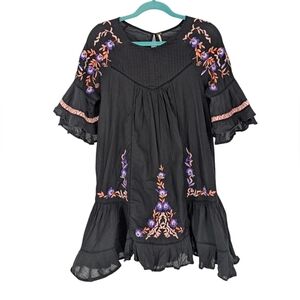 Free People Black Mini Dress with Purple and Orange Embroidery